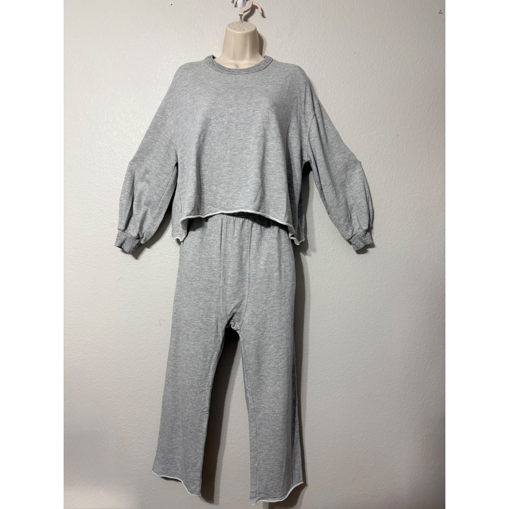 The Great. Sleep Cut Off Sweatshirt & Lounge Pants Set Grey Soft Terry M/S. USA